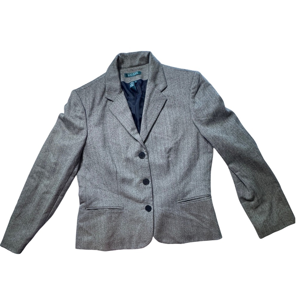Lauren Ralph Lauren Blazer Womens 12 Grey Herringbone Wool Classic Dark Academia